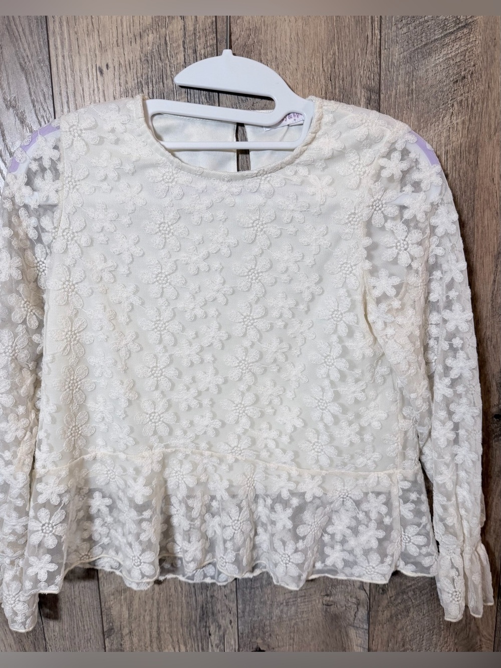 Girls' Ivory Floral Lace Peplum Blouse